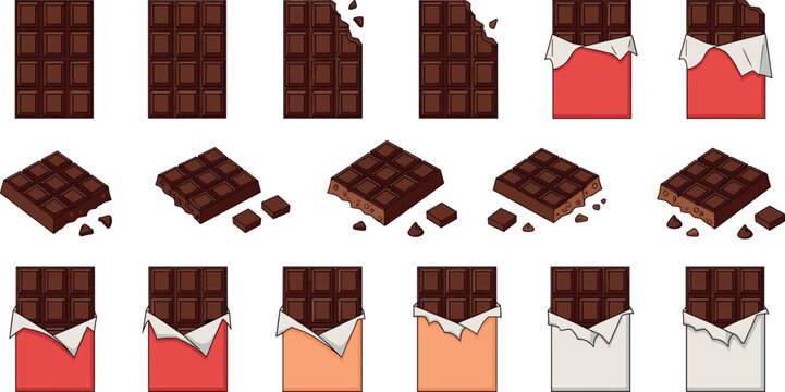 Chocolate bar opened wrapper and broken pieces vector set sweet candy illustration