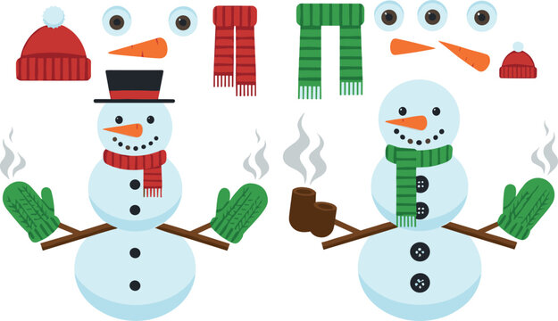Build your own snowman character vector set with winter hats scarves gloves and facial elements