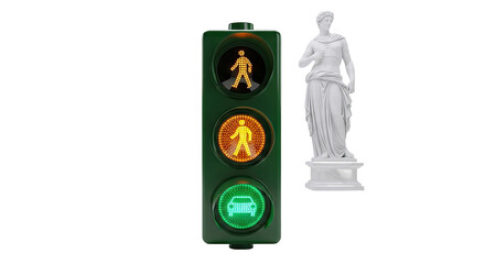 Pedestrian Traffic Light and Classical Statue