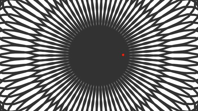 The symmetrical radial pattern changes. A red dot moves around the circle in the black center.