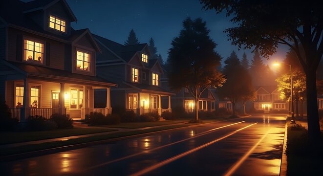 Cozy suburban street at night with illuminated houses, glowing windows, wet road reflecting lights, and trees.