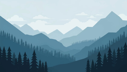 Obraz premium Digital illustration of calm blue mountains, silhouetted trees, soft sky and white clouds from a distant valley view