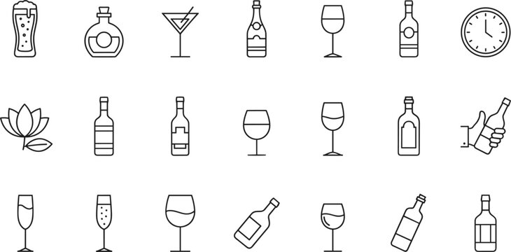 Alcohol drink line icon set featuring wine beer cocktail bottles glasses bar restaurant vector symbols outline collection design