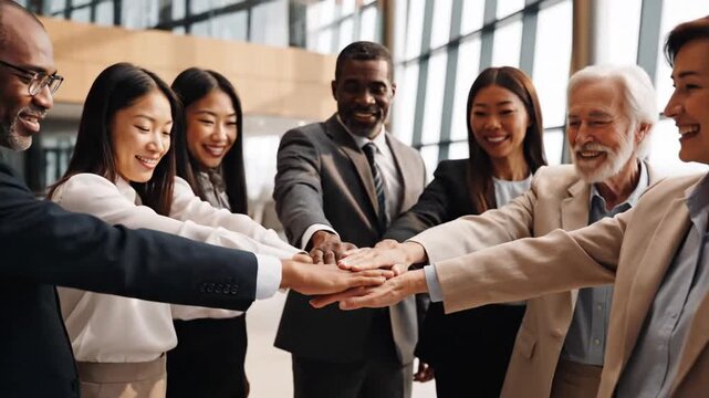 Diverse corporate team hand joining circle collaboration inclusive business partnership unity support and community cooperation in professional workspace synergy and success.