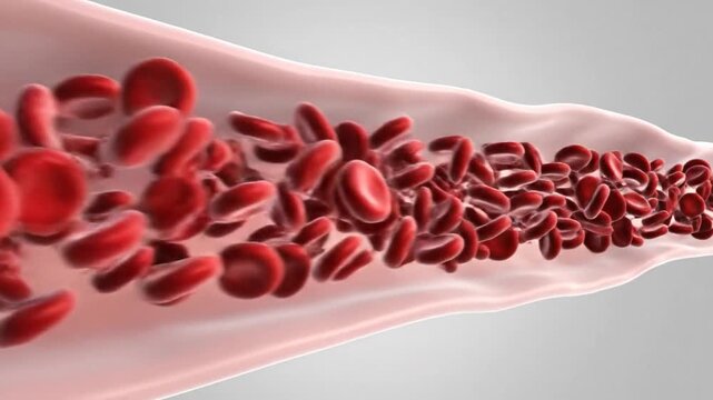 Dynamic medical animation showing human heart anatomy with crimson red blood cells circulating through an intricate network of veins and arteries, symbol of cardiovascular health and wellness
