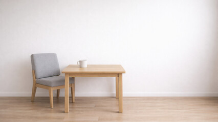 Fototapeta premium Minimal wooden table and gray chair with white mug in bright room