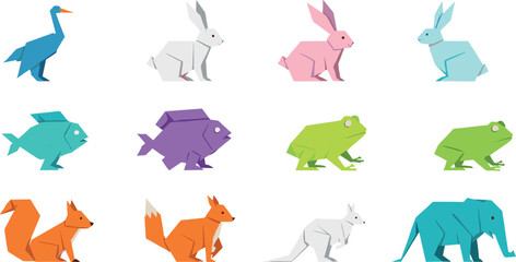 Obraz premium Set of colorful origami animal vector illustrations in geometric folded paper style for modern design and game assets