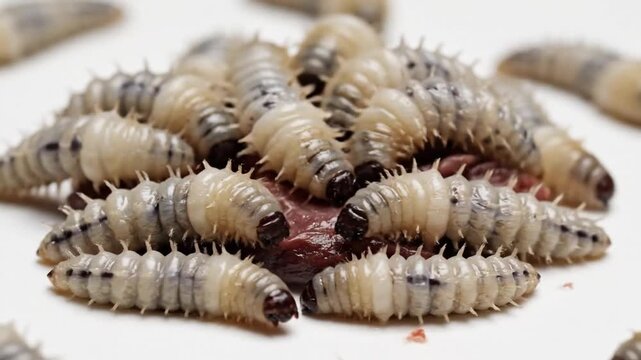 Microscopic view of parasitic screwworm larva infestation depicting an infectious disease outbreak with flesh-eating maggot and necrotic tissue damage in a clinical medical environment.