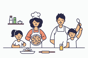 Happy family cooking together in a cozy kitchen with a mother holding a pizza, a father stirring with a wooden spoon, and two children smiling - vector illustration