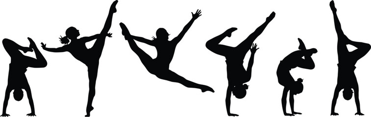 Gymnastics and dance silhouettes showing flexible female athletes performing jumps, kicks, handstands, acrobatic balance poses isolated on white background vector illustration set