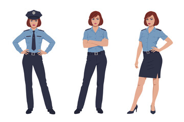 Fototapeta premium Female Police Officer in Professional and Confident Poses with Blue Uniforms on White Background as Vector Illustration for Public Service Representation.