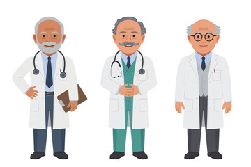 Three Senior Male Doctors in Friendly Cartoon Illustration Style with Bright White Background for Healthcare Services.
