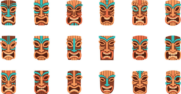 Set of colorful tiki tribal mask faces, carved wooden totems, Polynesian cultural icons, flat vector illustration collection