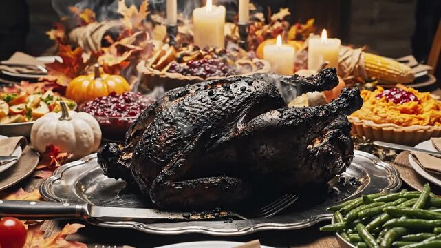 Ruined overcooked charred turkey roast as festive dinner disaster with blackened skin and smoky burnt texture during holiday meal celebration failure in kitchen.
