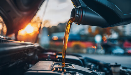 Pouring Fresh Motor Oil into a Car Engine During Maintenance.
