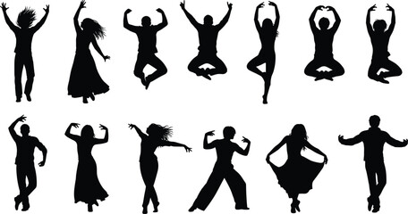 People silhouette collection showing dance, yoga and expressive movement poses isolated on white background for wellness, freedom, balance, creativity and lifestyle concepts © MDBELAL