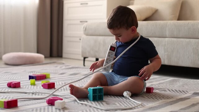 Child safety at home. Little boy playing with extension cord on floor indoors