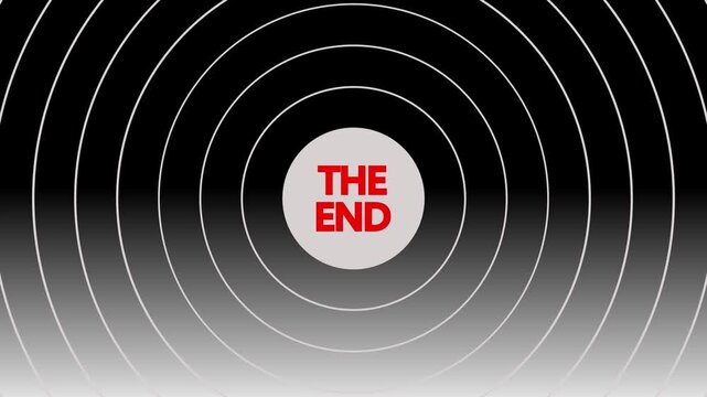 Concentric circles in shades of gray and white emanate from a central white circle containing the red text THEND blurred and slightly out of focus with a small red dot