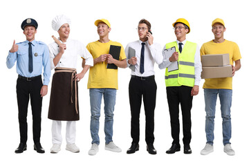 Choice of profession. Same man representing different occupations. Collage of portraits on white background