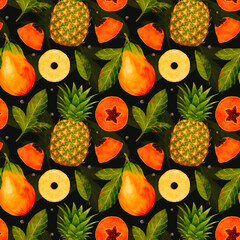 Colorful Tropical Design, Colorful Watercolor Depiction Of Tropical Fruits With Leaves And Seeds