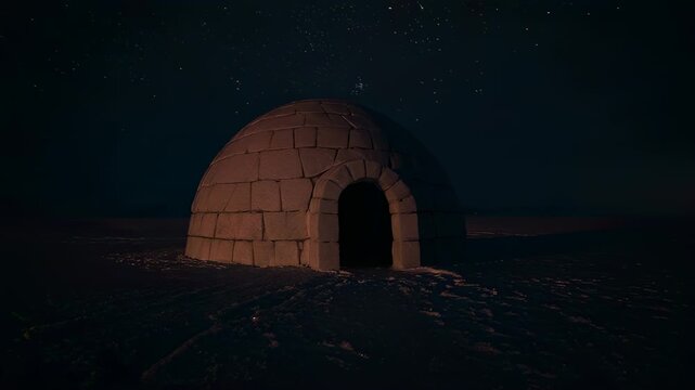 Nighttime medium shot of an igloo in the snow under a starry sky