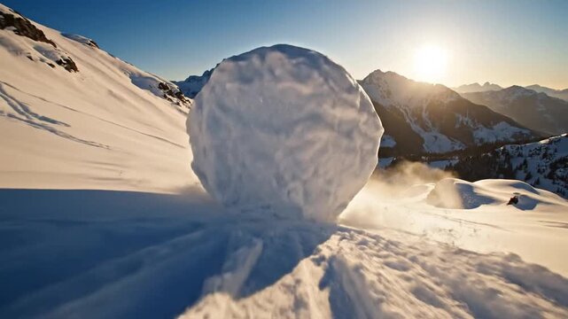 Cinematic 3D animation of a growing snow ball rolling down a winter slope representing the metaphorical snowball effect in corporate growth and financial capital accumulation concept.