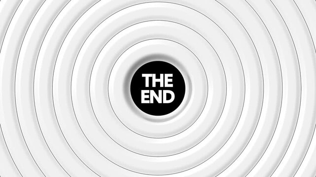 A series of white concentric circles with thin black outlines create a ripple effect radiating from a central black circle containing the white text THEND blurred and slightly out of focus