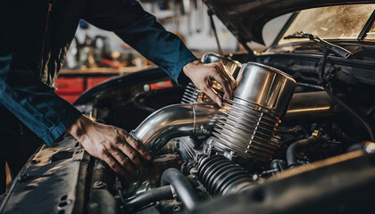 Obraz premium Mechanic working on car engine in workshop.