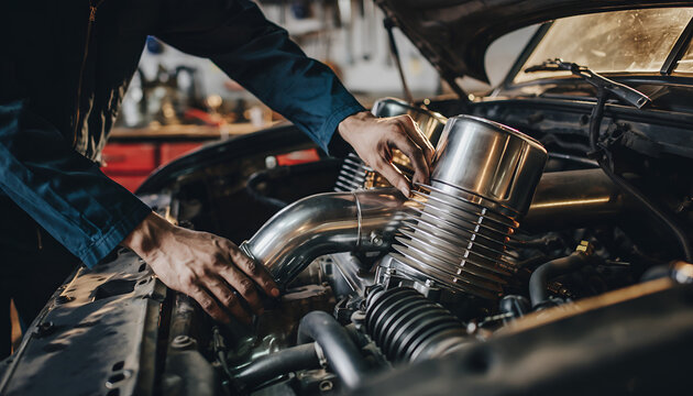Mechanic working on car engine in workshop.
