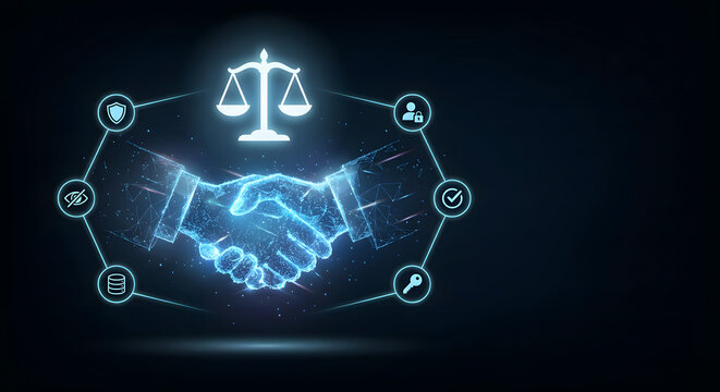 Digital handshake between two glowing wireframe hands with justice scales and cybersecurity icons representing smart legal contracts and secure blockchain technology business agreement