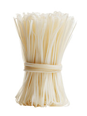 Bundle of uncooked, white rice noodles tied together on a dark background