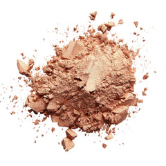 Crumbled light-brown face powder heap on black background, textured makeup