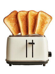 Four slices of toast popping out of a retro-style white toaster