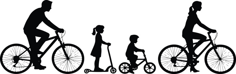 Obraz premium Family Cycling Silhouettes Vector Set – Parents and Kids Riding Bicycles