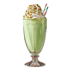 Pistachio milkshake with whipped cream & straws in a tall ridged glass