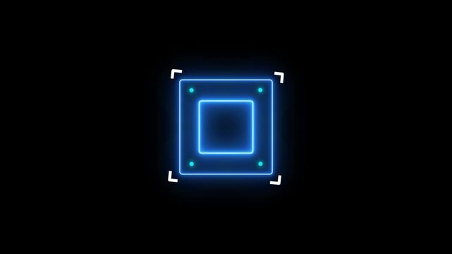A glowing blue square outline with four smaller blue dots at its corners and a central blue square outline is presented on a black background, resembling a digital interface or a futuristic
