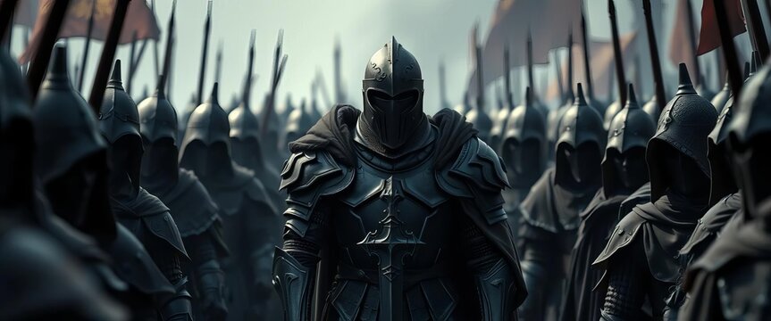 A lone black knight, armor tarnished, encircled by a throng of shadowy figures,  fantasy,  warrior