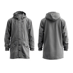 Grey hooded parka coat displayed front and back isolated on black background