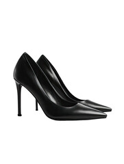 Pair of sleek black pointed-toe high heels, dark background, elegant & stylish
