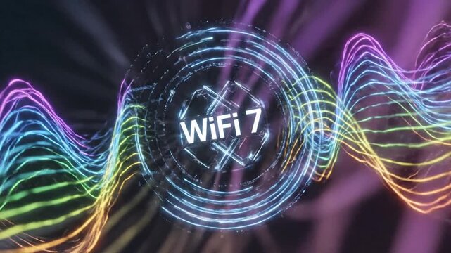 Digital illustration featuring vibrant layered frequency waves representing advanced WiFi 7 wireless technology spectrum efficiency and ultra high speed data communication network connectivity.