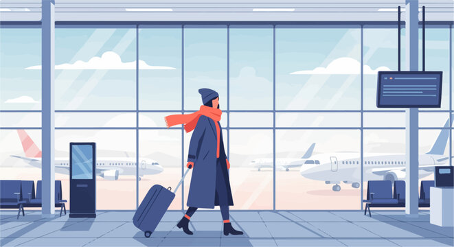 Traveler walking through airport terminal with lugg...