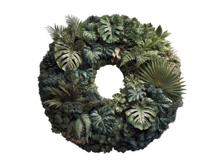 Tropical wreath densely packed with monstera, fern, and palm leaves, on black