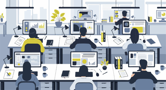 Busy open-plan office with people working on comput...
