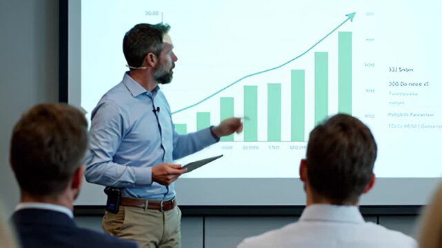 Business presentation with growth chart in meeting with audience view