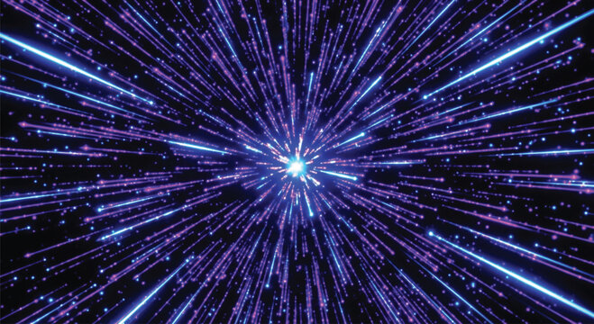 A abstract visualization of hyperspace travel or warp speed with bright blue and magenta light streaks radiating from a central point against a dark background.