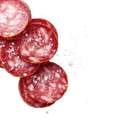 Sliced salami overlapping on black background, showcasing texture and color