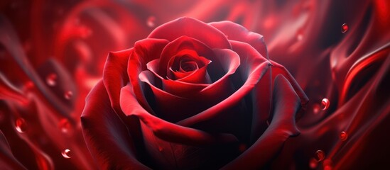 Naklejka premium Close-up of a vibrant red rose with delicate petals and water droplets, symbolizing love and passion.
