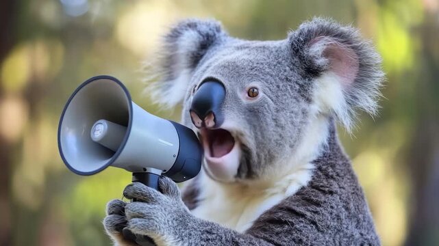 A close-up of a koala holding a megaphone near its open mouth, blurred foliage background