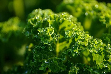 Fresh green kale leaves with water droplets in sunlight