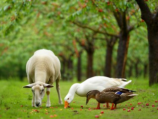 Friendly farm animals grazing together in lush green orchard with fruit trees